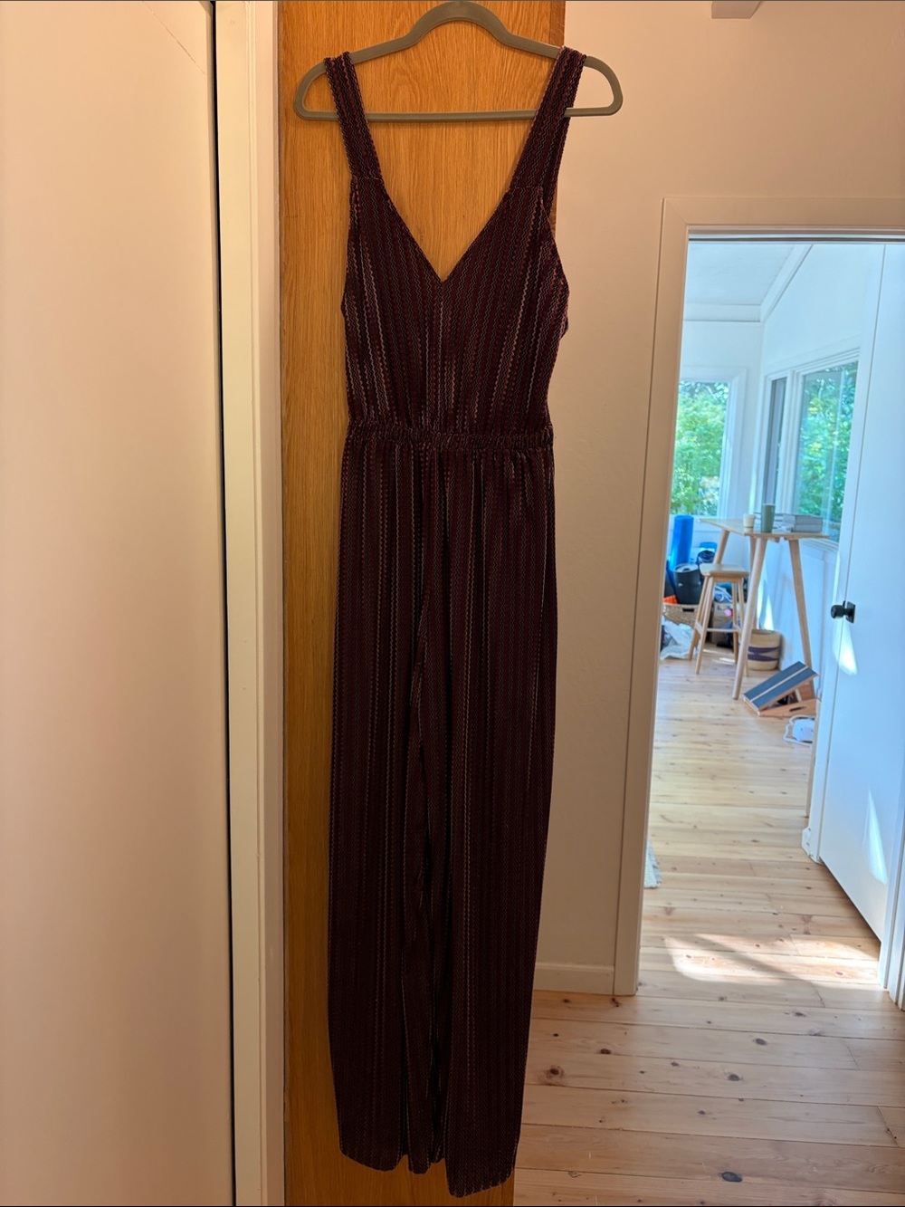 Zara Burgundy Striped V-Neck Jumpsuit